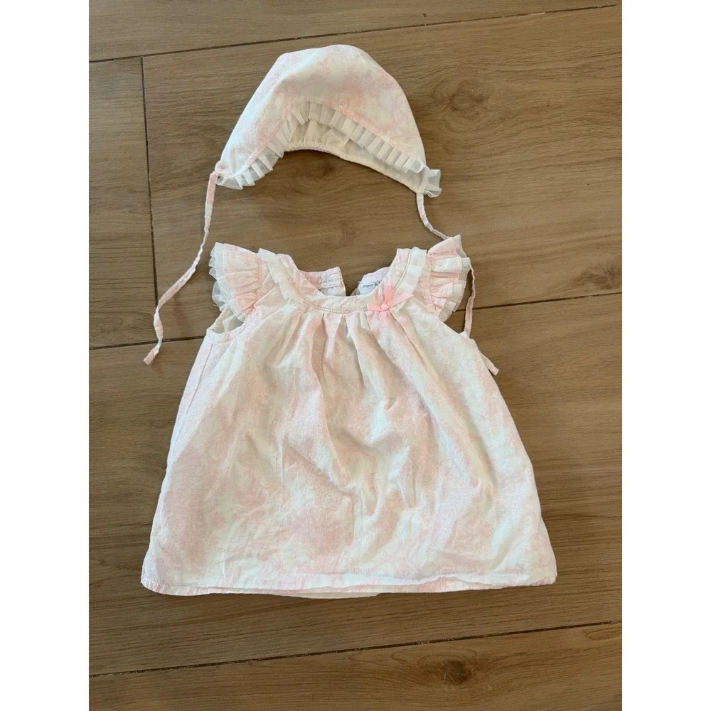 Piper & Posie Baby Girl Pink Floral Toile Top and Bonnet Set 3-6 Months